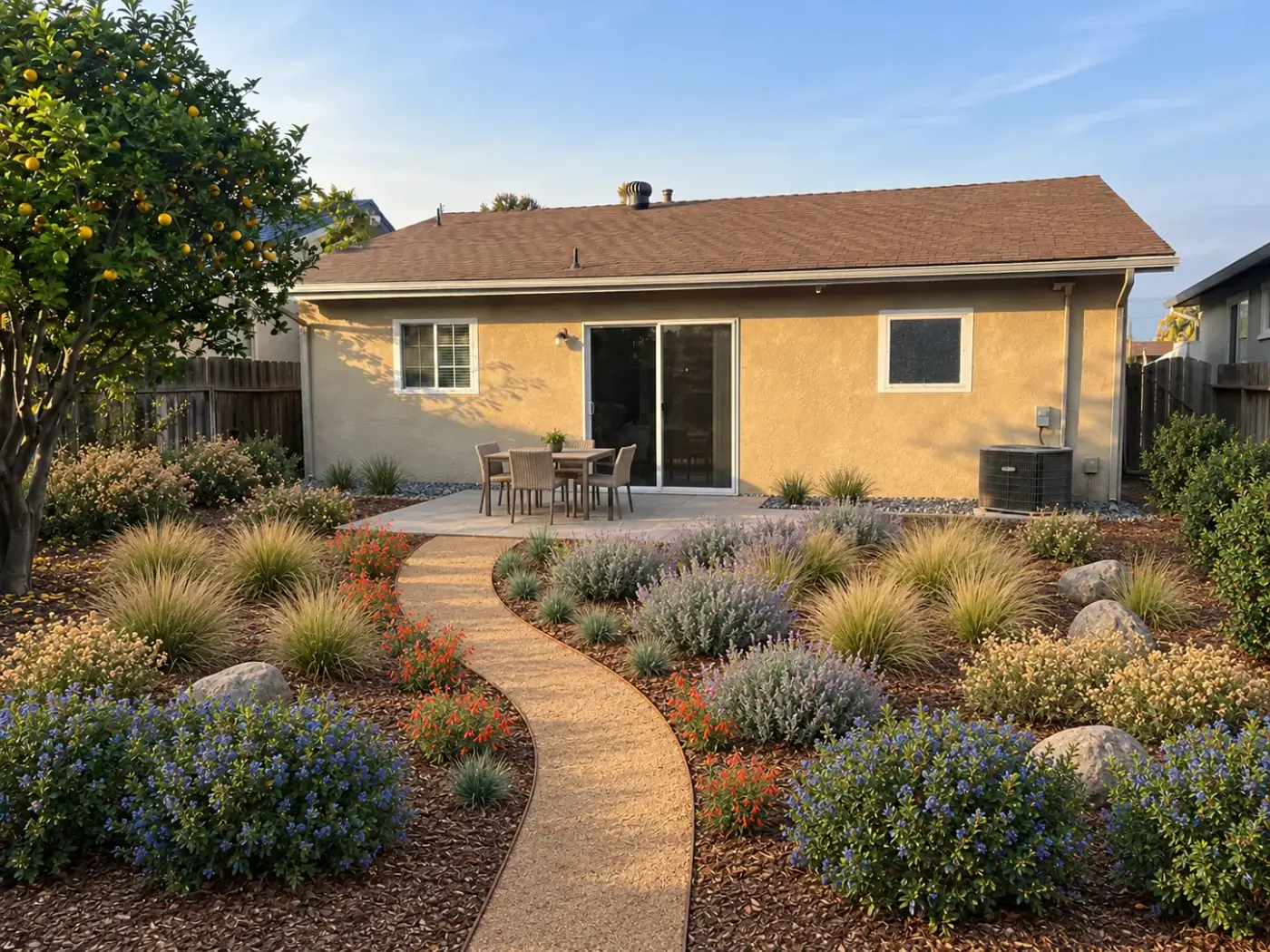 AI-generated sample yard render, with a curving path through native planting toward a dining patio